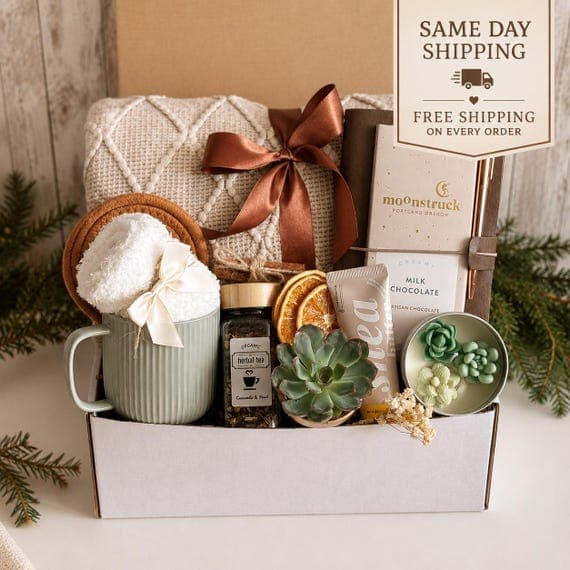 Hygge Gift Box with Blanket, Thank You Gift Basket, Thank You Gift or Friend, Care Package for Her, Gift Basket for Mentor, Coworker Gift