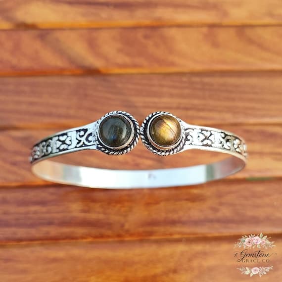 Natural Labradorite Bangle Bracelet | Silver Plated Brass Cuff | Healing Energy Jewelry