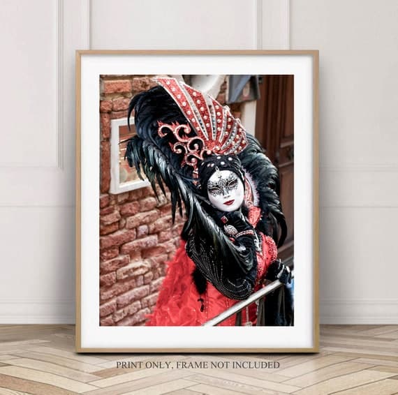 Venice carnival photography fine art print, Black and red wall decor, Ladies bedroom prints, Italy wall art, Home decor photo gift