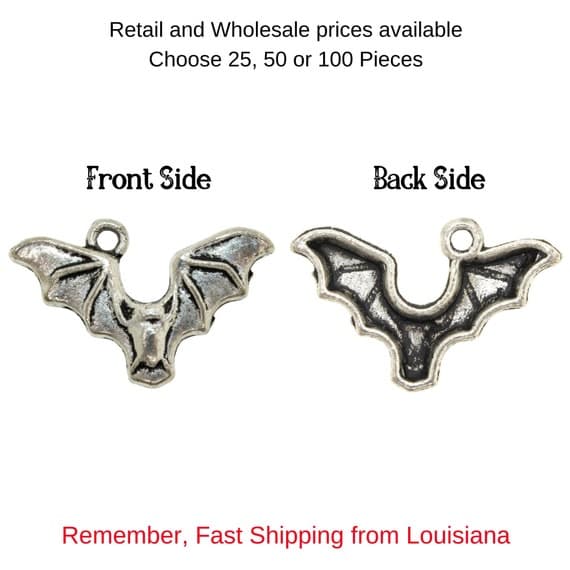 Pewter Bat Charms: Halloween DIY Jewelry Supplies - Choose 25, 50 or 100
