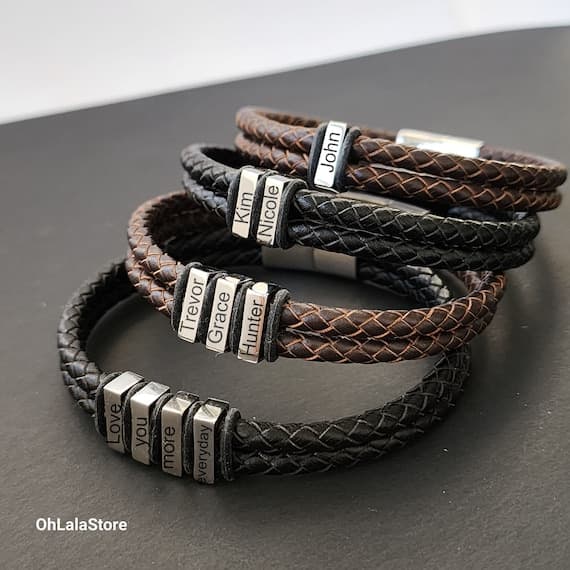 Engraved Leather Mens Bracelet, Personalized Family Name Charm, Father Day Gift