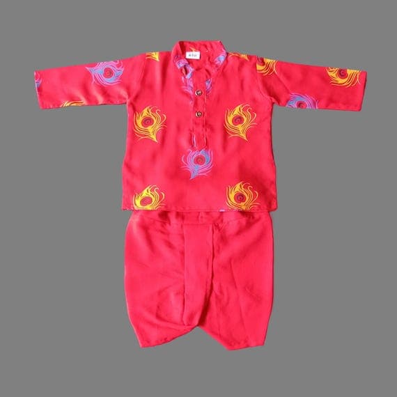 Red Rayon Kurta Dhoti Set: Peacock Print Ethnic Baby Wear
