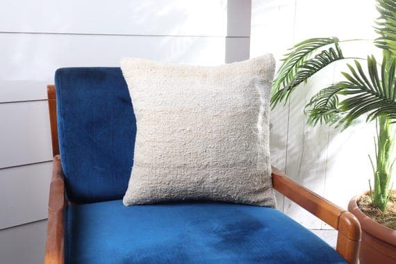 Gift Pillow, Throw Kilim Pillow, 20x20 Home Decor Pillow, Boho Pillow Sham Cover, White Pillow Cover, Handwoven Hemp Kilim Pillow,