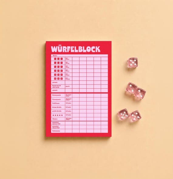 Würfelblock modern | rosa rot Spielblock | Yatzy Punkteblock | Games Night Zubehör | Würfelspiel Block A6