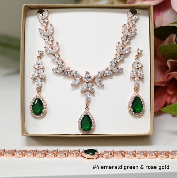 Emerald green Bridal Necklace Set Wedding Earrings prom jewelry Gold Jewelry Set bride groom mother Quinceanera prom bridesmaid gift