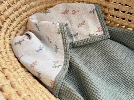 Personalized Organic Cotton Baby Blanket, Personalized Waffle Blanket, Custom Embroidered Name, Baby Shower Gift Boy, Plane Nursery
