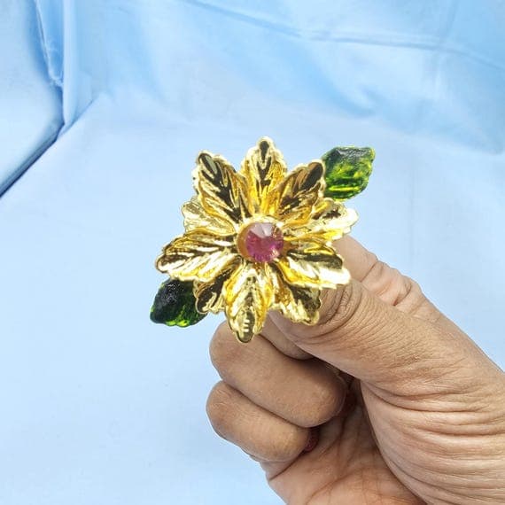 2pc set- Silver Pooja flowers, 2 layers in gold color, Pink stone green enamel leaves,Pooja offering flowers. Sravana maasam decor ,