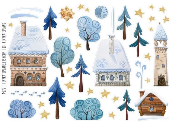 Watercolor It's Cold Outside Planner Stickers, Cozy Winter House Planner Stickers, Winter Tree Bullet Journal Stickers, House Sticker. X-172