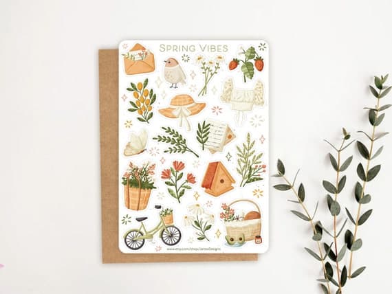 Sticker Sheet Spring Vibes Sticker | Cottage Core Sticker Set | Planner Sticker Sheet | Journal Stickers
