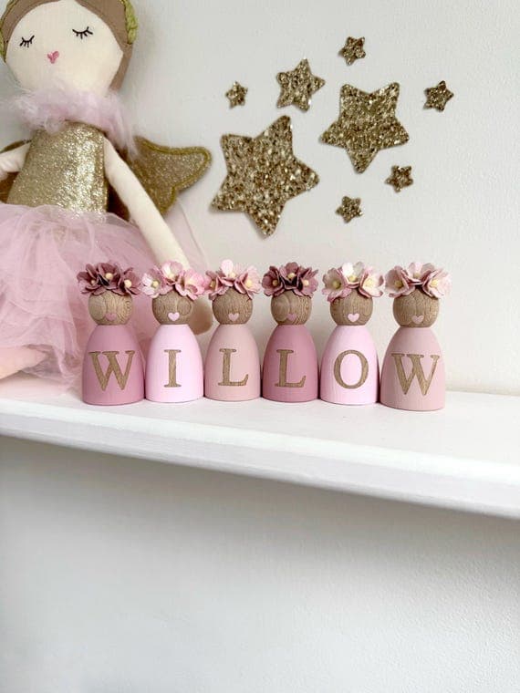 Personalised wooden dolls, nursery shelf decor, freestanding letters
