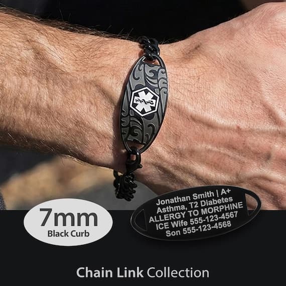 Engraved 7mm Curb Link Medical Alert ID Bracelet by MedicEngraved® – Black Stainless Steel