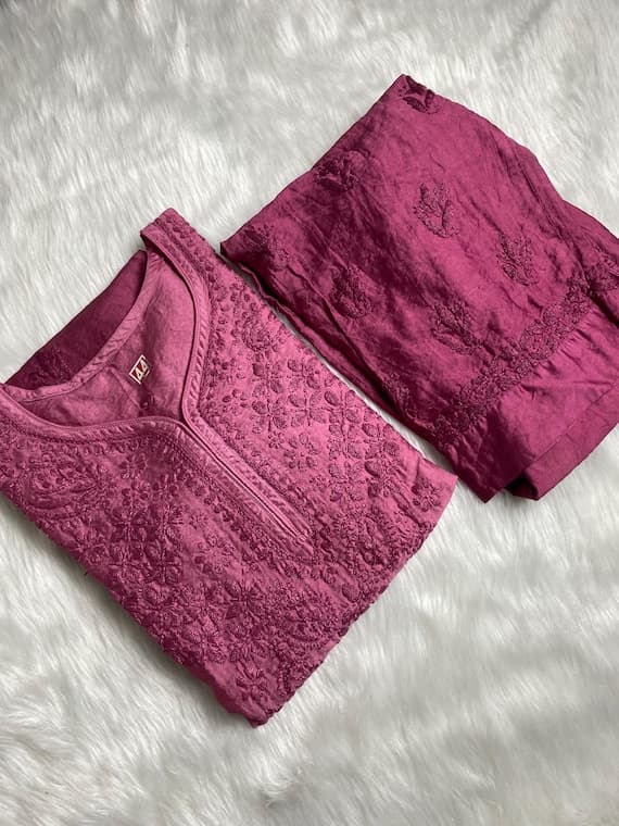 Hand-Embroidered Chikankari Kurti Pant Set: Wine Pink Ombre color soft Chanderi fabric
