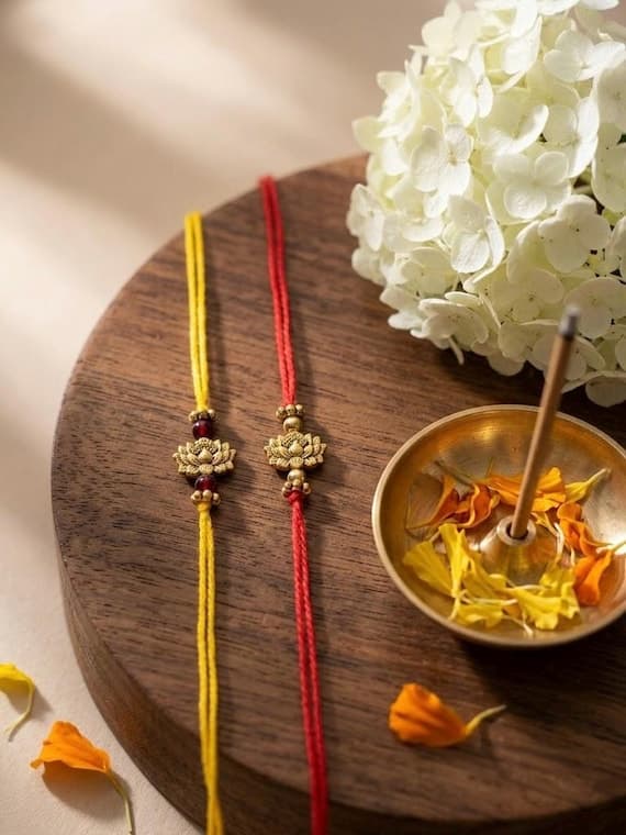 Red and Yellow Modern Lotus Simple Rakhi for Brothers and Kids, Rakhi Pair Set of 2, Raksha Bandhan Rakhri Personalized, Father-Son Rakhdee