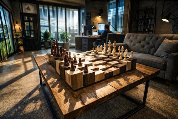 3D Wooden Chess Set Handmade 40x40 cm – Elevated Chess Board 10 cm Height – Unique Chess Gift – Modern Wooden Chessboard