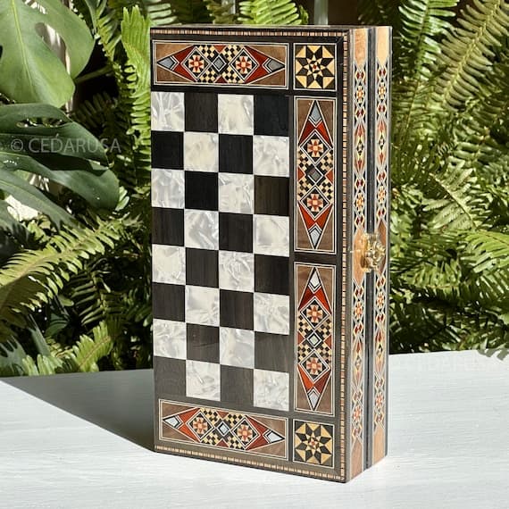 Handmade Chess and Backgammon Set: Pearl & Wood Mosaic Inlays From Lebanon