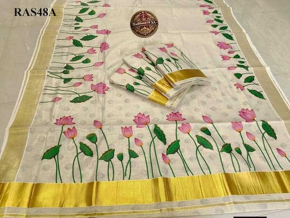 Kerala Golden Tissue Printed Saree with stitched Blouse or Blouse Material / Indian traditional women clothing/ Handmade designs