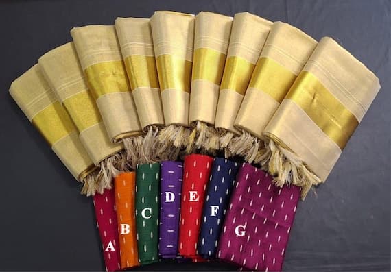 Kerala Wedding Tissue Setmundu With Tussels, Stitched blouse or Blouse Material, Onam ,Vishu festival wear