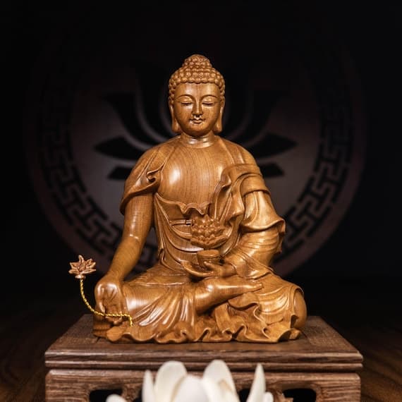 Medicine Buddha Statue, Wooden Buddha Statue for Meditation Altar, Buddha Statue Small for Home, Mindful Gift, Hand Carved Buddhist Statue