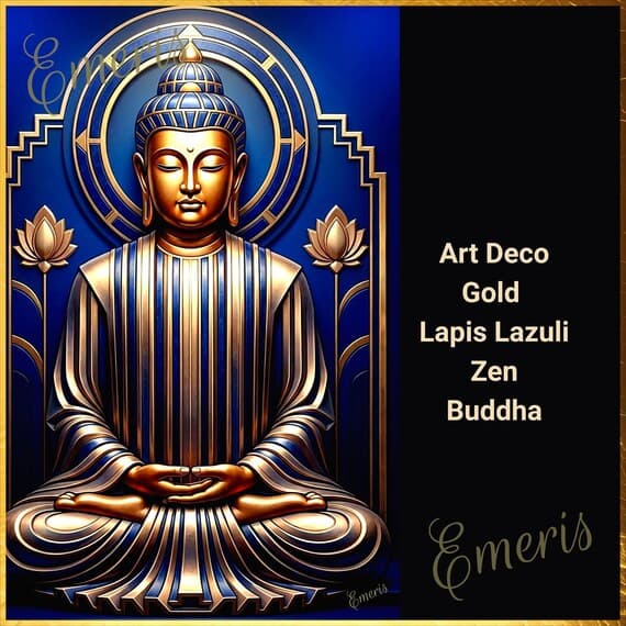 Art Deco Buddha Print, Lapis Gold Metal Wall Art, Zen Meditation Decor