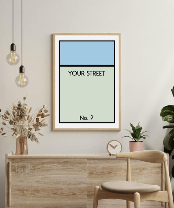 Personalised Board Game Poster. Custom Property Home Decor Gift Idea Any Street Name Number Prints New Home card gift.