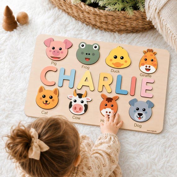 Custom Name Puzzle with Animals, Personalized Baby Gift, First Birthday Gift, Christmas Present, 0-3 Years Personalized Toy