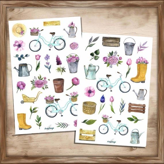 Garten Sticker Set Vintage – Fahrrad, Gießkanne, Blumen, Gummistiefel, Cottage Garten, Spring Garden Planner Sticker Pastell