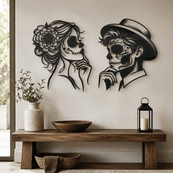 Elegant Day of the Dead Sugar Skull Woman | Metal Wall Art Decor | Boho Skull Art | Dia de los Muertos Home Wall Decor