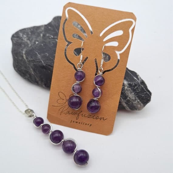 Handmade Amethyst Drop Earrings and Necklace Set: Silver Wire Wrap Jewelry
