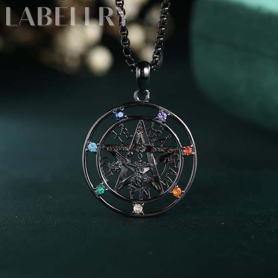 Sacred Tetragrammaton Pentacle Necklace with Seven Chakras, Mystic Pentagram Pendant In Gold, Silver And Black, Spiritual Jewelry Gift