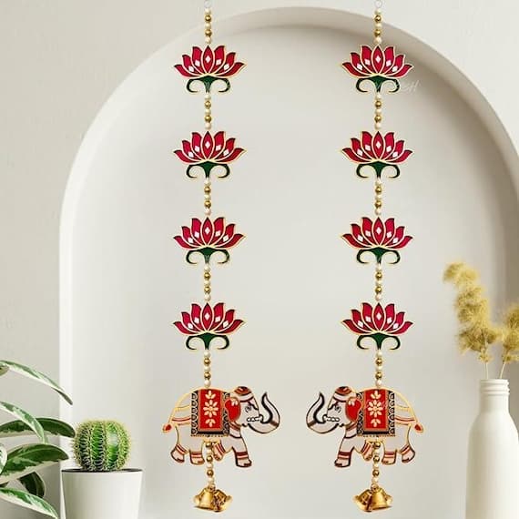 Red Lotus with Elephant Hanging Wall/Door Decoration | 2 Pieces in a Set | 26 Inch |Door Hangings for Home Decor, Temple Decoration, Diwali