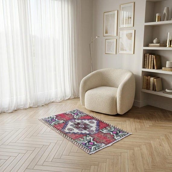 Red Handknotted Vintage Rug With Cream Medallion For Vanity Area, 1.7x2.6 ft, DC 8397