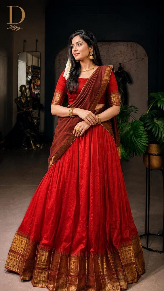South Indian Traditional Poly Cotton Lehenga Set | Wedding, Navratri Outfit
