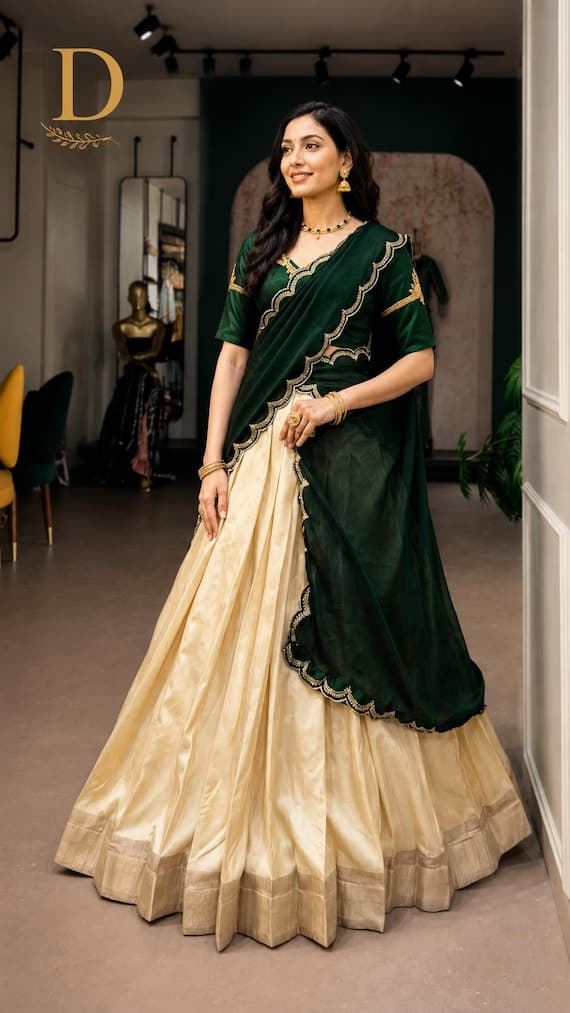 Green Kerala Style Lehenga Choli Set for Women | Festival Wear
