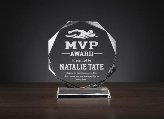 Personalized All Sports Crystal MVP Award, K9 Glass Octagonal Team Appreciation Trophy