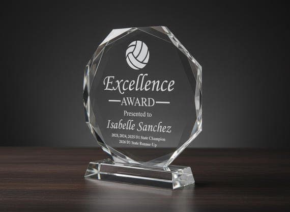All Sports Personalized MVP/Excellence Crystal Octagonal Award, Laser Etched K9 Glass Most Valuable Player Gift, Team Appreciation Award
