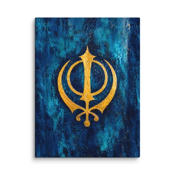 Golden Khanda – Sikh Symbol Canvas Art in Deep Blue and Gold