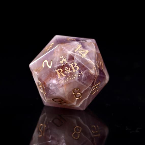 Custom Engraved Amethyst D20 – Personalized Wedding Dice, DND Gift