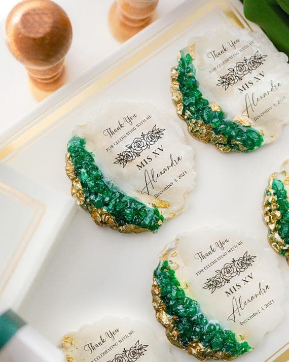 Quinceanera Favors for Guests, Sweet 15 & Sweet 16 Birthday Party Favors, Personalized Rose Magnet Keepsake, Emerald Green Custom Favor