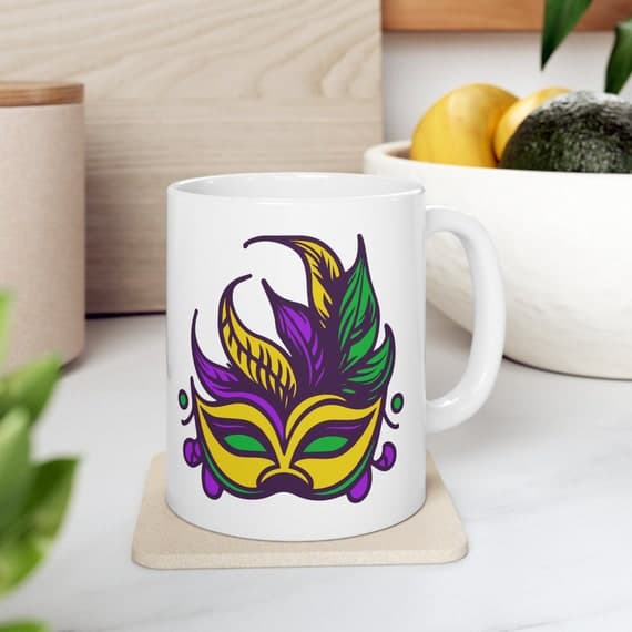 Who's Behind that Mask? Ceramic Mardi Gras Mug 11oz
