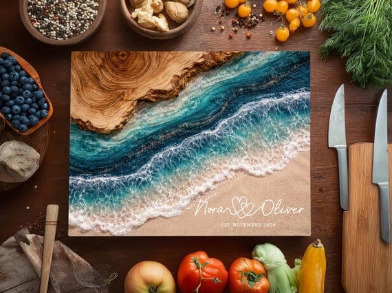 Personalized Ocean Beach Wave Glass Cutting Board Anniversary Gift Charcuterie Board Bridal Shower Custom Chopping Block Wedding Gift