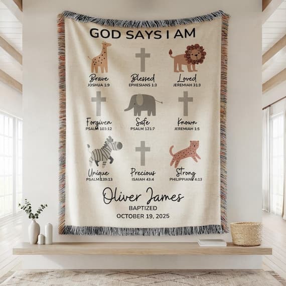 God Says I Am Baptism Blanket Safari Animals, Custom Christening Blanket with Cross, Personalized Baby Name & Date Blanket, Baby Shower Gift