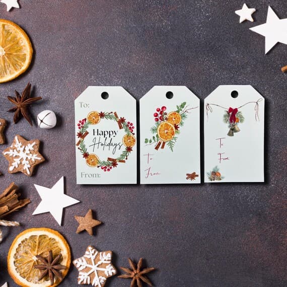Earthy citrus themed holiday gift tags / Nature elements holiday tags / Sets of 6