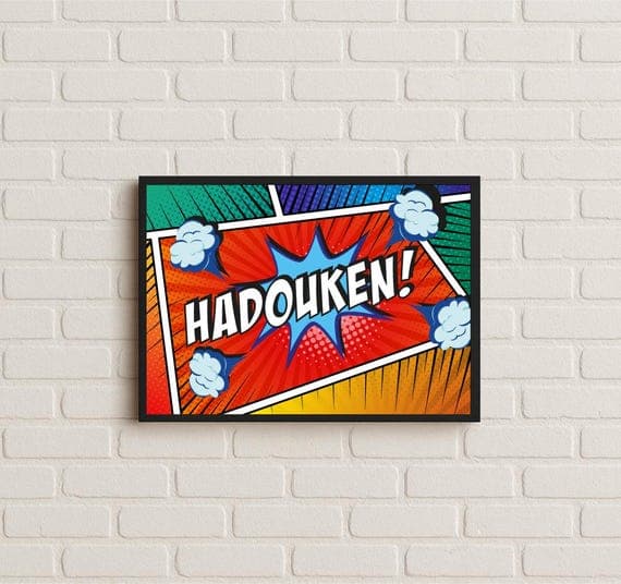 HADOUKEN! Street Fighter-Inspired Comic Poster, Retro Gaming Wall Art, Bold Gamer Pop Art Themed Explosion Style Home Office Decor Gift Idea