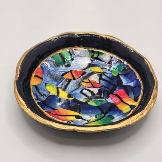 Black and Multi-Colored Round Trinket Dish