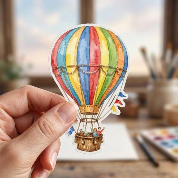 Colorful Watercolor Hot Air Balloon Sticker, Whimsical Travel Decal