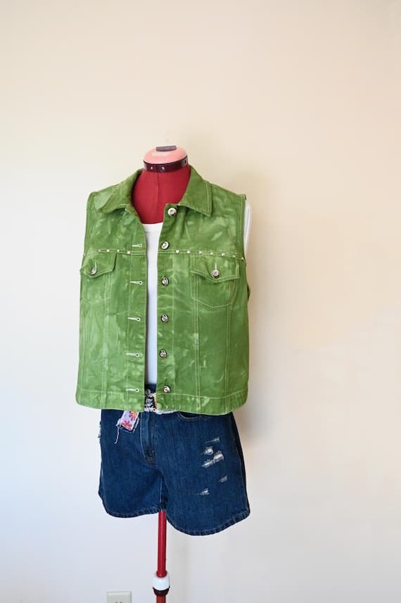 Green Mottled Dyed Womens Large Upcycled Faded Glory Denim Trucker VEST (42" chest)