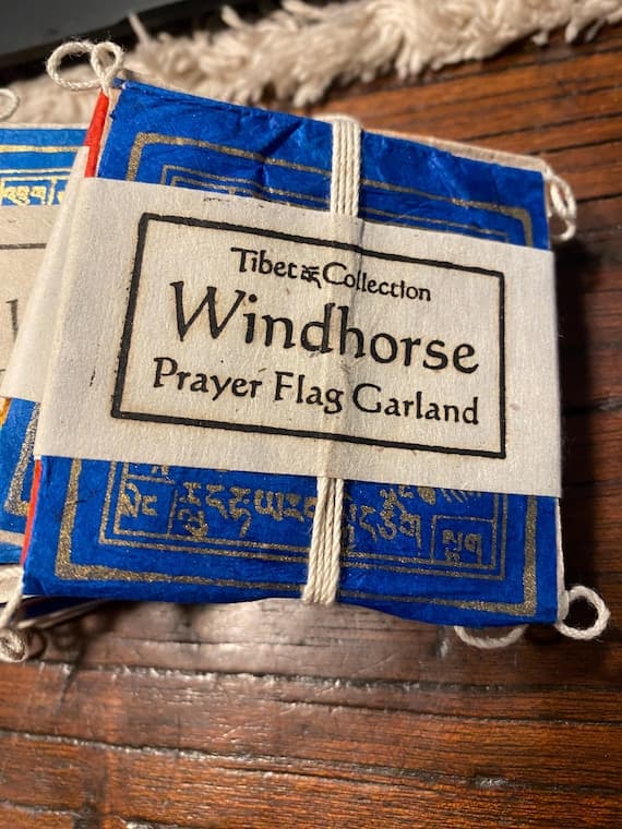 2 Mini Tibetan Prayer Flag Set: Windhorse Buddhist Decor, Handmade Nepal Meditation Altar