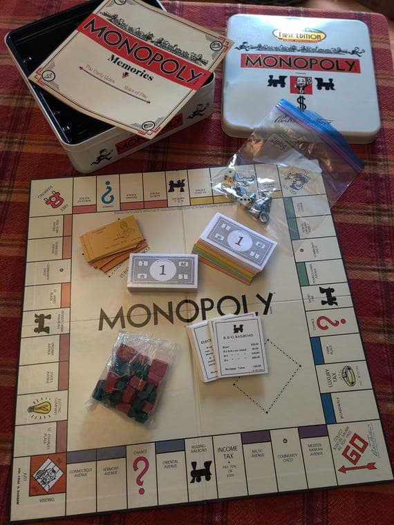 Vintage 2002 Monopoly Board Game in Tin 1935 Reproduction Deluxe First Addition Parker Brothers Near new Condition Tin dented