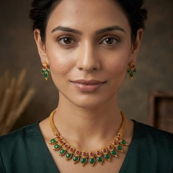 Antique Palakka Necklace Set | Green & Red Stone Kerala Jewellery Traditional Temple malla Matching Stud Earrings | Bridal Onam Jewelry Gift