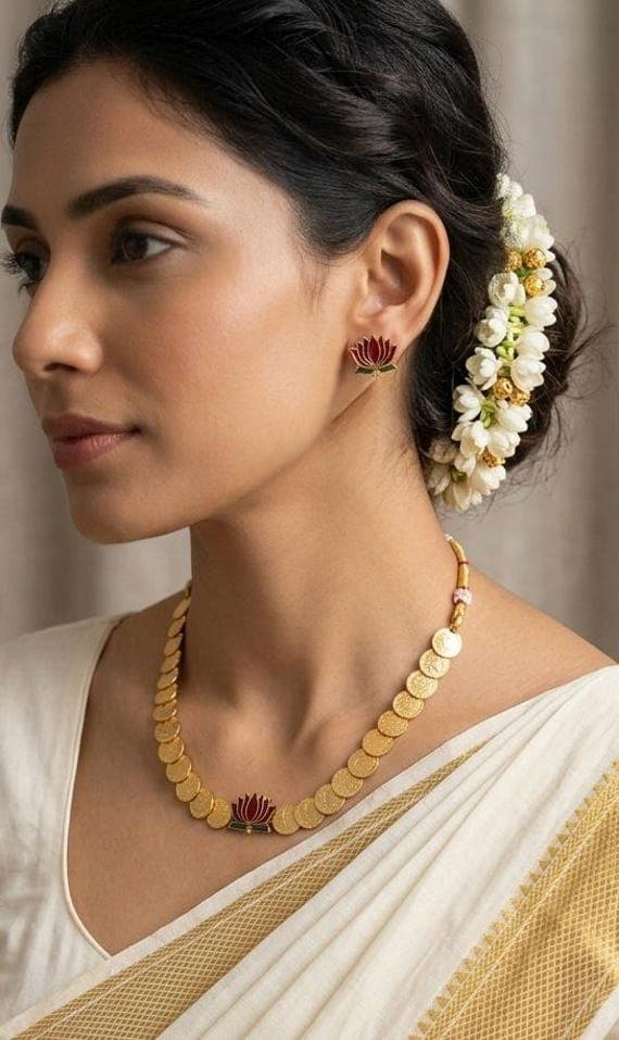 Coin Necklace Set with Lotus Pendant | Traditional Kerala Gold Coin Jewelry | Temple Necklace with lotus Earrings | Bridal & Onam Jewelry
